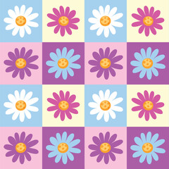 Cheerful flowers with smiling faces in a grid