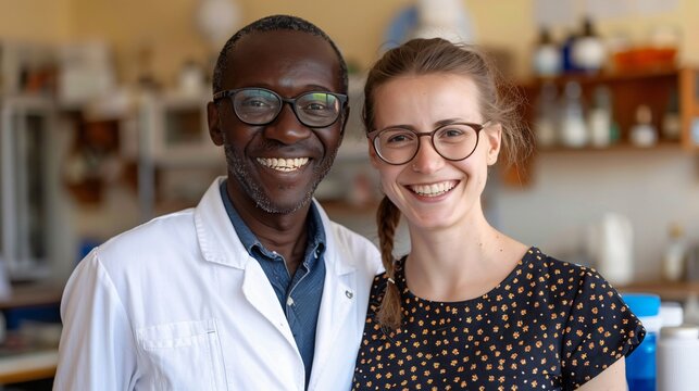 Two happy scientists smiling in a laboratory, developing vaccines for poor country