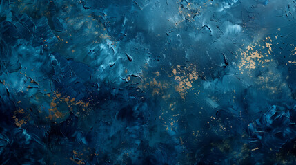 Naklejka premium Abstract luxury elegant texture wall. Deep blue color, Gold glitters background. Golden elements and particles. Horizontal template poster invitation flyer banner email header. Generative Ai content