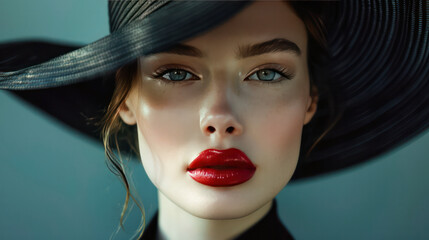 A close-up portrait of a woman wearing a black hat and applying red lipstick.Generative AI