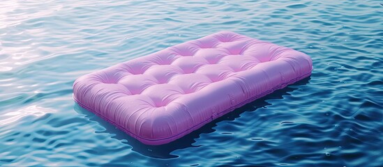 Pink inflatable mattress floating on water surface. Copy space image. Place for adding text or design