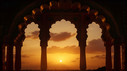 Indian arch silhouette in old temple at dramatic sunset