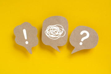 FAQ, mental health, Frequently asked questions concept, Question mark, exclamation and tangle of...