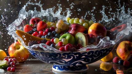 Fresh Fruit Bowl with Water Splash