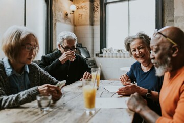 Retired friends at brunch restaurant