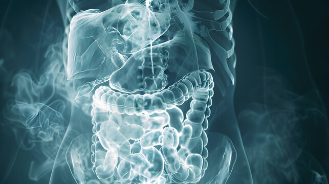 Xray image of a human stomach showing medical conditions like GERD and stomach infections in digital health. Concept Medical Imaging, Digital Health, Gastrointestinal Disorders, Stomac