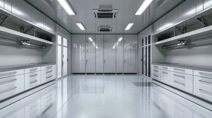 An empty industrial freezer room, with rows of white cabinets and a shiny, reflective floor