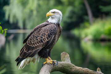 Fototapeta premium Majestic bald eagle perched on branch overlooking lake