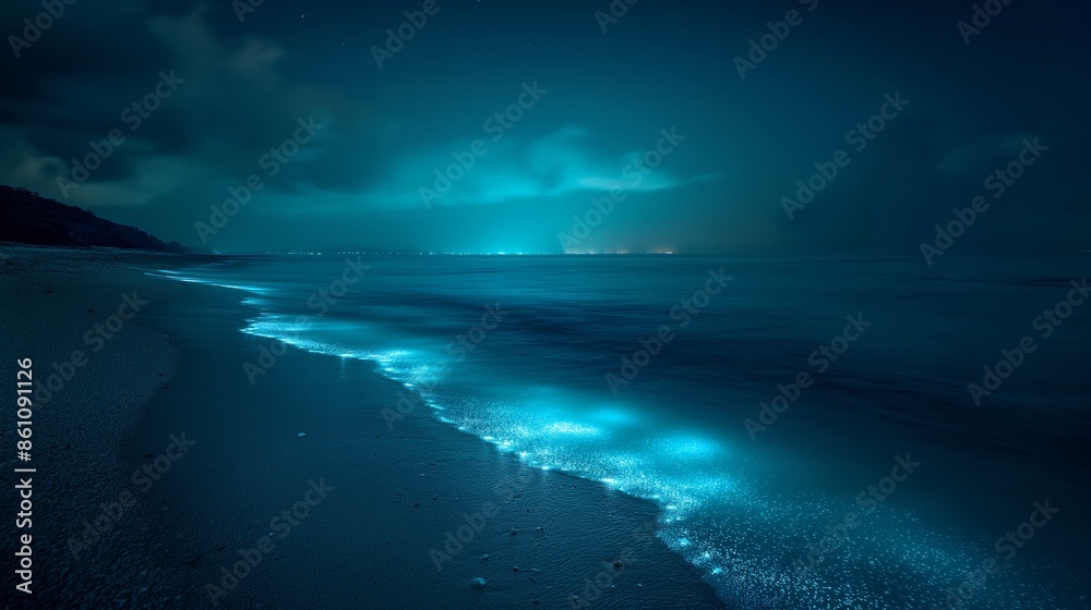 Canvas Prints Bioluminescent waves crash on a sandy shore at night, illuminating the water with a vibrant blue glow