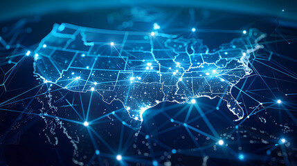 Abstract digital map of America, concept of American global network and connectivity, data transfer and cyber technology, information exchange and telecommunication