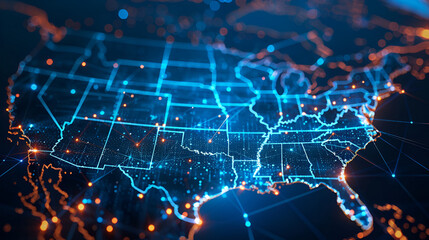 Abstract digital map of America, concept of American global network and connectivity, data transfer and cyber technology, information exchange and telecommunication