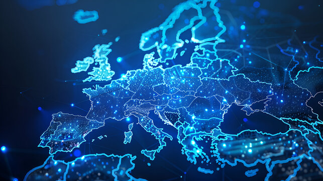 Abstract digital map of Western Europe, concept of European global network and connectivity, data transfer and cyber technology, information exchange and telecommunication