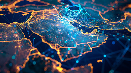 Abstract map of Saudi Arabia, Middle East and North Africa, concept of global network and connectivity, data transfer and cyber technology, information exchange and telecommunication