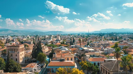 Fototapeta premium Panoramic view of Nicosia Cyprus in a summer day. Aerial view Nicosia cityscape AI generated