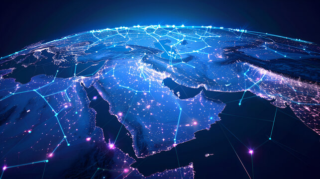 Abstract map of Saudi Arabia, Middle East and North Africa, concept of global network and connectivity, data transfer and cyber technology, information exchange and telecommunication