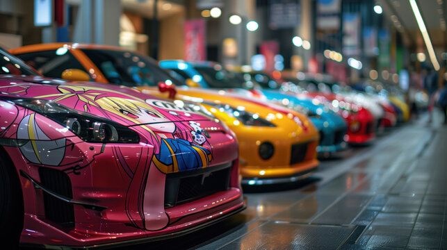 Itasha super cars wrapped in anime girls design at anime convention exhibition