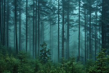 Mystical Foggy Forest with Tall Evergreen Trees