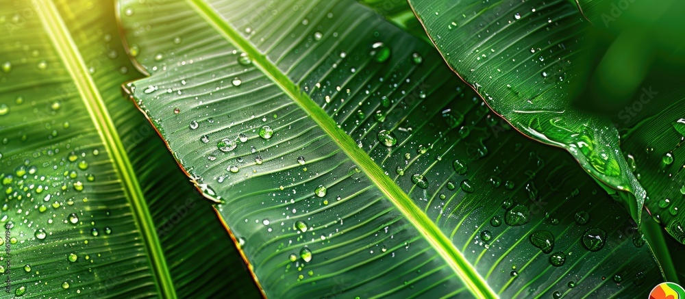 Wall mural banana leaf with water drops. close-up. nature background. copy space image. place for adding text a
