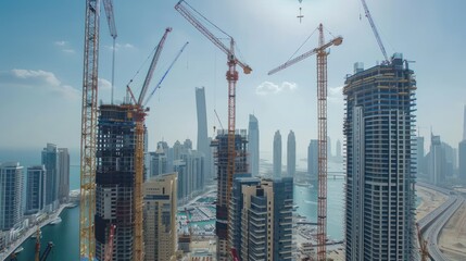 aerial view of a skyscrapers under construction with huge cranes timelapse in dubai marina. blue sky on a background AI generated