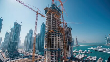 aerial view of a skyscrapers under construction with huge cranes timelapse in dubai marina. blue sky on a background AI generated