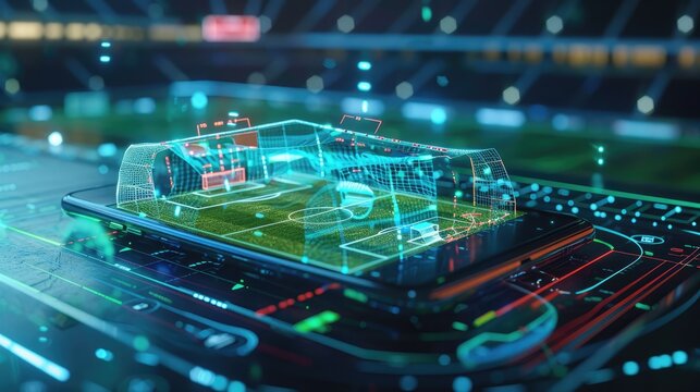 Immersive Futuristic Sports Betting Experience with Holographic Stadium Display and Mobile App Integration