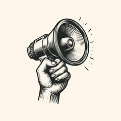 Vintage engraving isolated hand holding loudspeaker ink sketch. hand holding speaker illustration