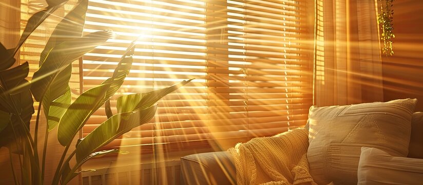 closed window with jalousie, blind at the summer. window frame, sun rays and bright sunlight.  living room. empty copy space.
