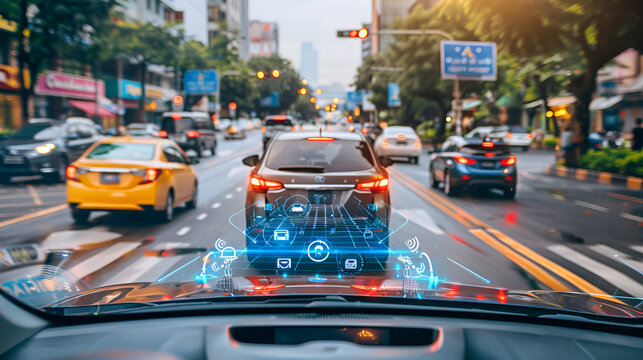 Autonomous cars sensor systems for safety of driverless cars. Future adaptive cruise control that senses nearby vehicles and pedestrians. Smart transportation technology