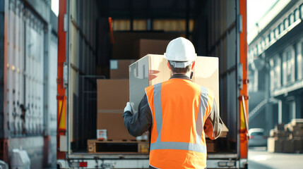 A warehouse worker loads a box into the back of a delivery truck. He wears a safety vest and hard hat. He is surrounded by other boxes and a pallet