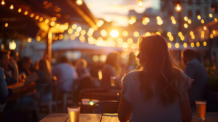 Fototapeta premium Blurred group at outdoor bar during golden hour with warm lights creating soft bokeh. Concept Outdoor Photoshoot, Golden Hour Lighting, Soft Bokeh, Group Portraits, Warm Atmosphere