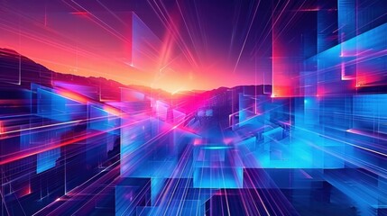 Obraz premium A complex digital matrix of neon blue and purple lines and geometric forms, symbolizing a high-tech, futuristic network. 