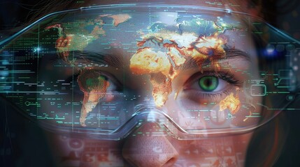 A person's face behind a holographic screen displaying a world map, data charts, and futuristic HUD elements, symbolizing virtual reality and global data analysis.
