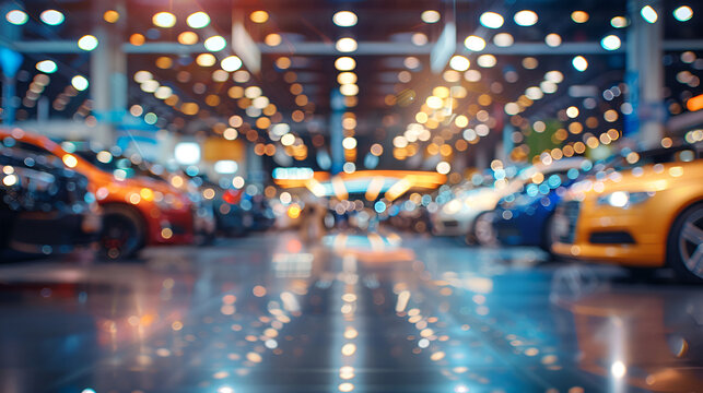 Blurred image of a trade exhibition hall with cars on display showcasing a commercial event. Concept Trade Exhibition, Cars on Display, Blurred Image, Commercial Event, Exhibition Hall