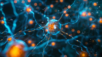 Close up active nerve cells. Human brain stimulation or activity with neurons, level of mind, intellectual achievements, possibility of people's intelligence, development of mental abili