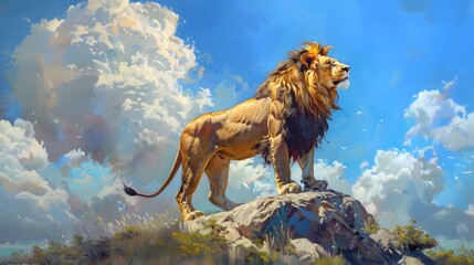 Strong and confident lion on a hill.