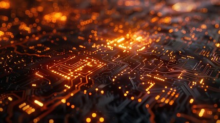 Abstract digital art of a circuit board with orange glowing lines and components