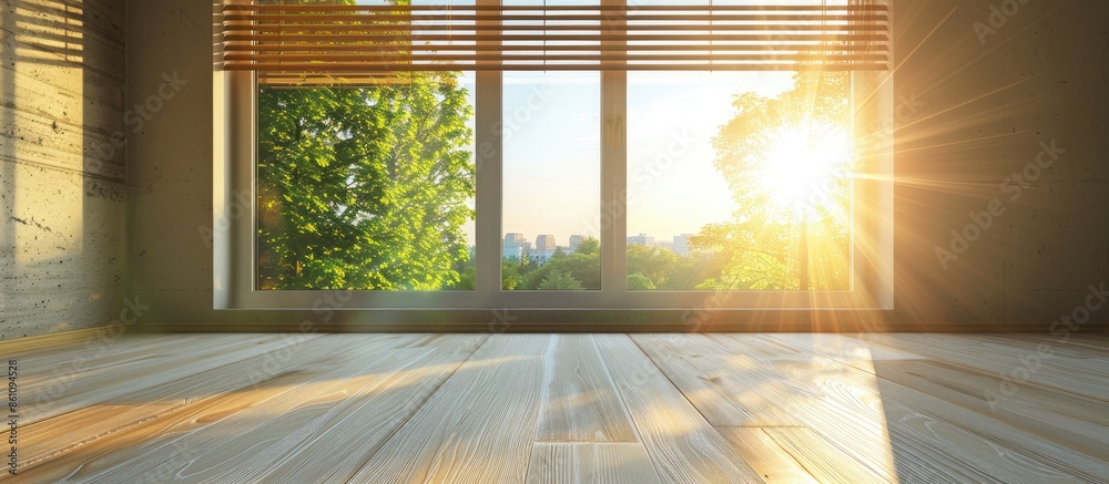 Poster closed window with jalousie, blind at the summer. window frame, sun rays and bright sunlight.  living room. empty copy space.