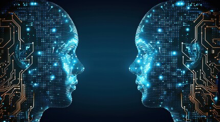 Obraz premium Digital profiles with circuitry and binary code elements facing each other, symbolizing AI communication. 
