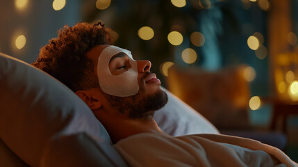 リラックスする男性のフェイシャルパックシーン