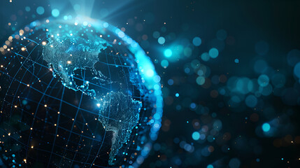 Digital world globe centered on USA, concept of global network and connectivity on Earth, data transfer and cyber technology, information exchange and international telecommunication