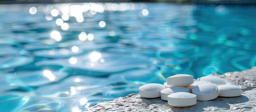 Close-up of some chlorine tablets for cleaning on the edge of a swimming pool, chlorine tablets to clean swimming pools, concept of chlorine tablets to disinfect swimming pools. Copy space image