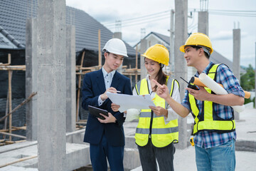 Group architect team on construction site inspection documents and business workflow in the morning.