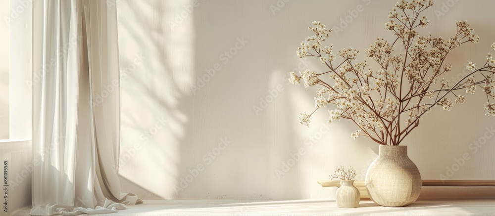Wall mural home interior with decor elements. spring flowers in a vase on a light background. copy space image.