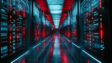 Modern Data Technology Center Server Racks in Dark Room with VFX. Visualization Concept of Internet of Things, Data Flow, Digitalization of Internet Traffic. Complex Electric Equipment W