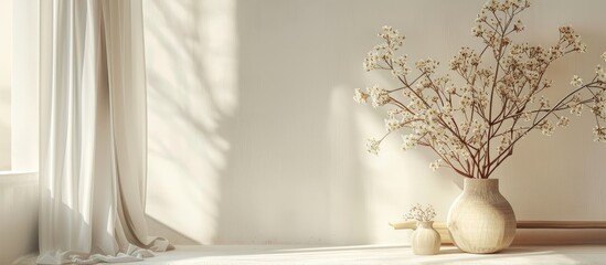 Home interior with decor elements. Spring flowers in a vase on a light background. Copy space image. Place for adding text and design © Ilgun
