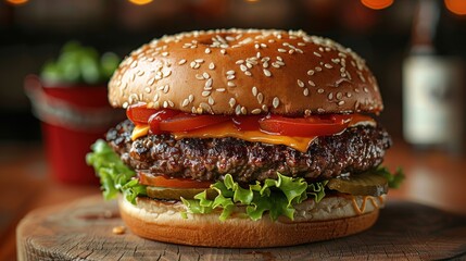 Vector art of a classic American cheeseburger with layers of lettuce, tomato, cheese, and a sesame seed bun. 