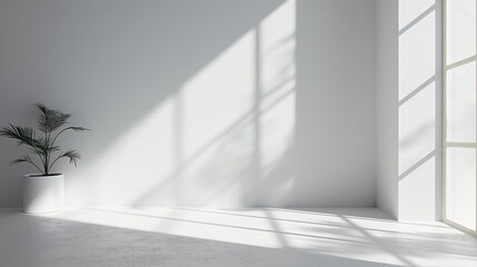 Obraz premium A bright, modern room with a large window casting sunlight beams on the white walls and floor