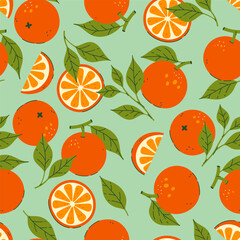 Bright seamless pattern of oranges on a light green background. Vector graphics.