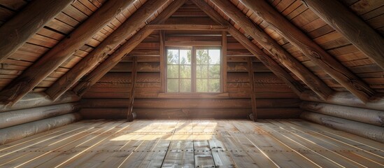 Empty attic in a log house. Copy space image. Place for adding text and design