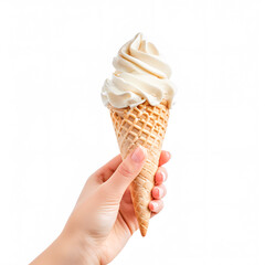 Close-up of a hand holding a delicious vanilla soft serve ice cream cone in a waffle cone against a plain white background.